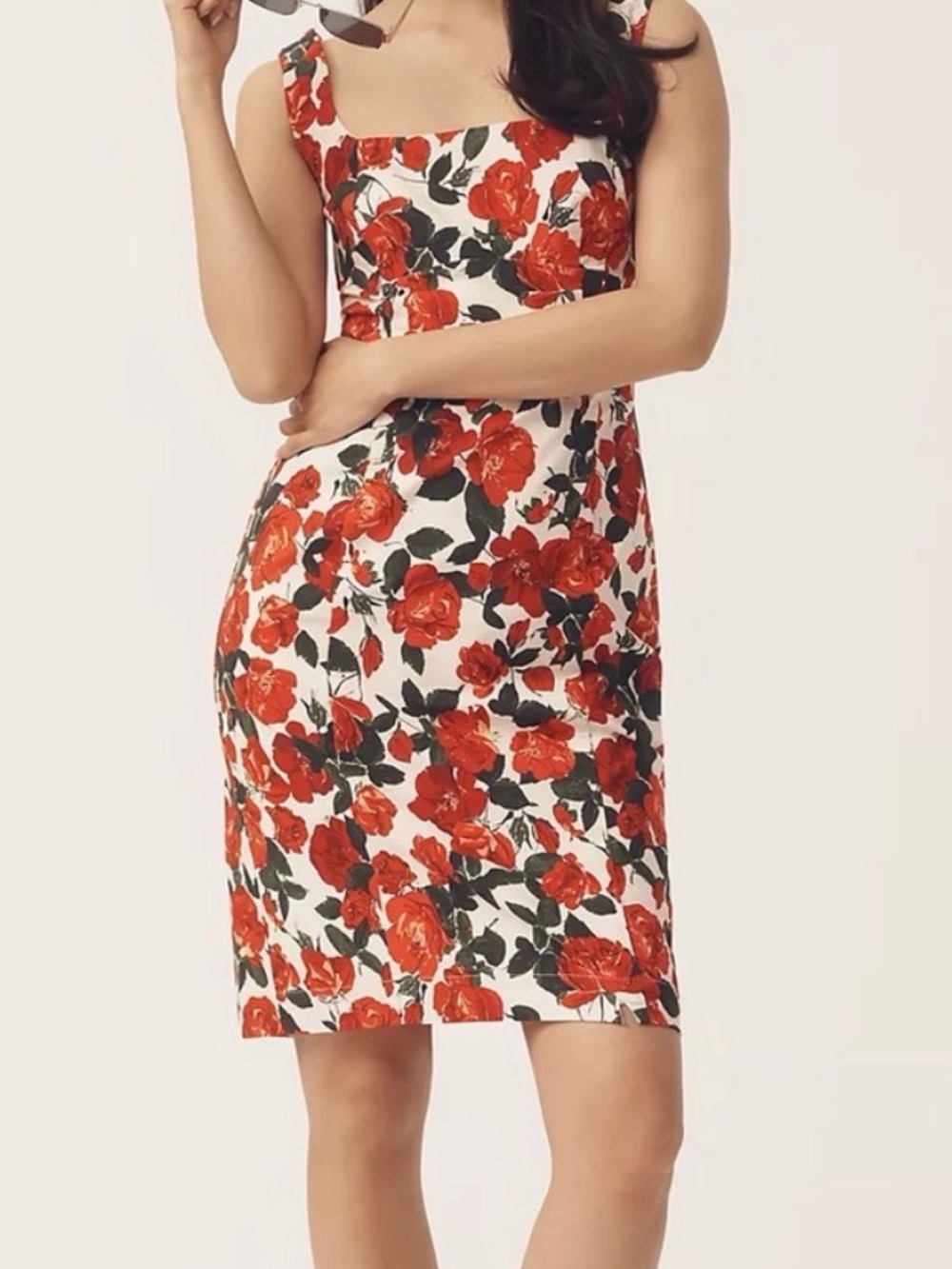 Maeve Cream Midi Dress with Red Floral Print
